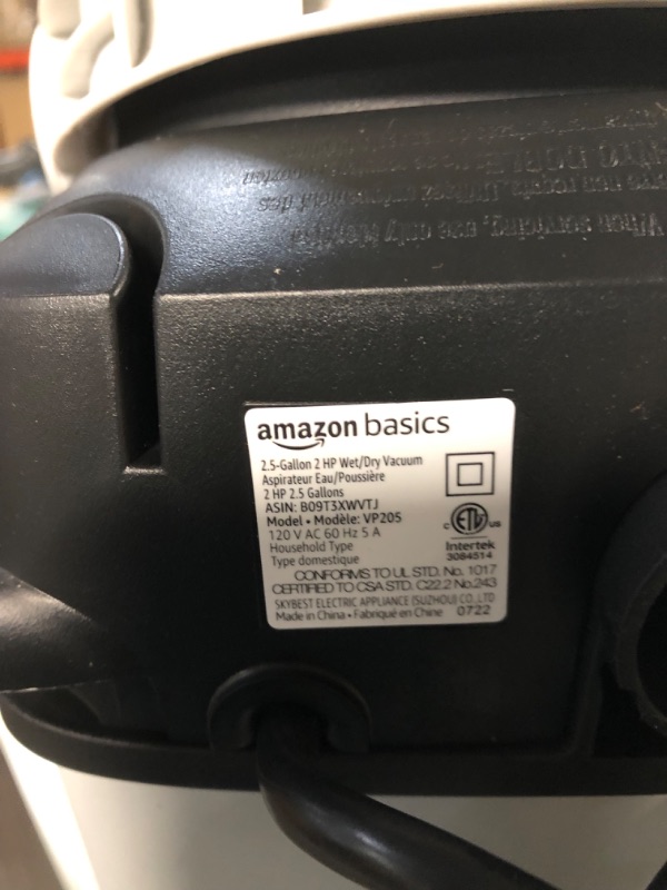 Photo 4 of *NO attachments* Amazon Basics 2.5-Gallon 2 HP Wet/Dry Vacuum, Grey 2.5 Gallon, 2 HP