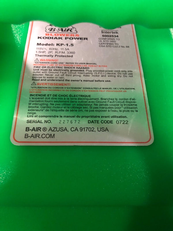 Photo 2 of **PARTS ONLY**B-AIR Kodiak 1.5 HP ETL Bounce House Blower, Green