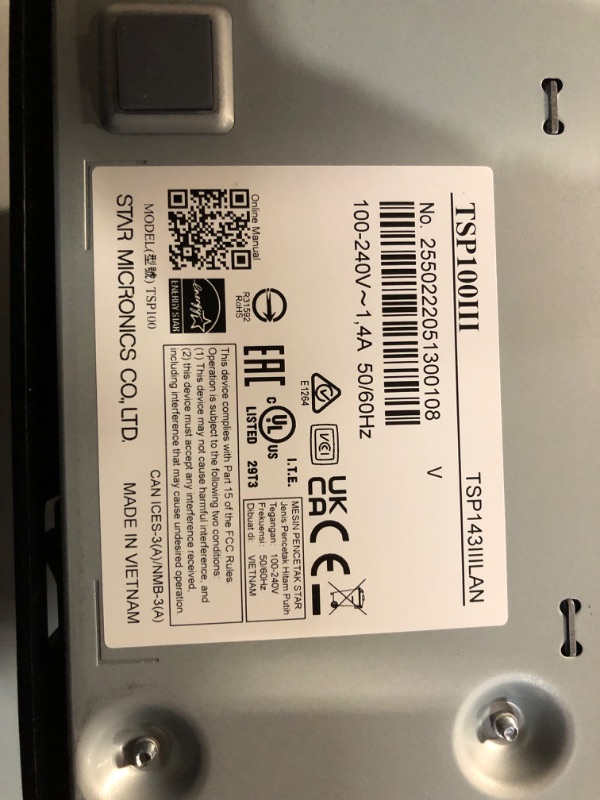 Photo 5 of Star Micronics TSP143IIILAN Ethernet (LAN) Thermal Receipt Printer with Auto-cutter and Internal Power Supply - Gray Gray Ethernet (LAN)