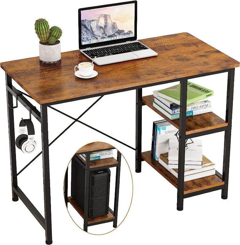 Photo 2 of Engriy Writing Computer Desk 39", Home Office Study Desk with 2 Hooks and Storage Shelves on Left or Right Side, Industrial Simple Workstation Wood Table Metal Frame for PC Laptop, Rustic Brown