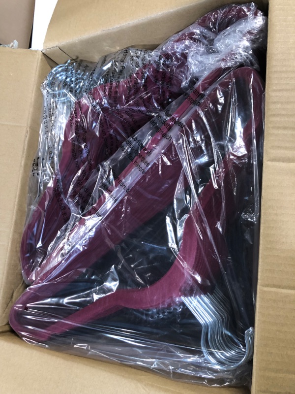 Photo 2 of Amazon Basics Slim,Velvet, Non-Slip Suit Clothes Hangers, Burgundy/Silver - Pack of 100