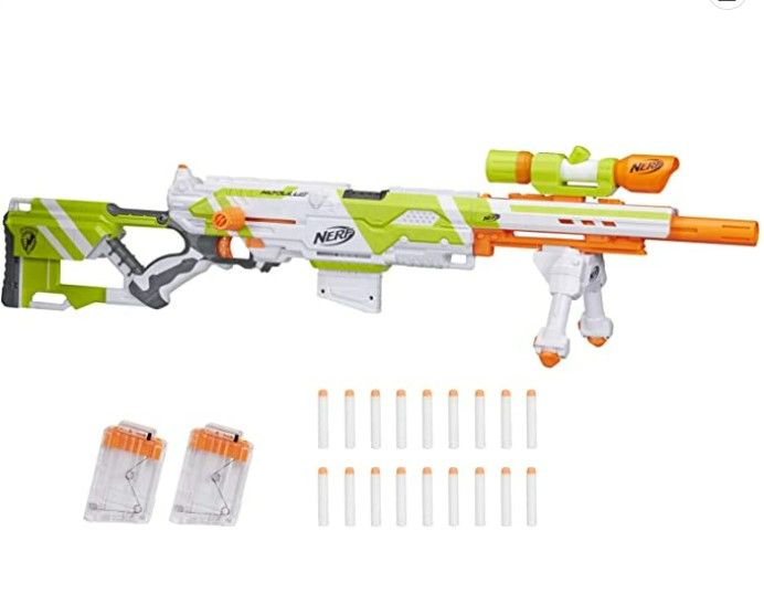 Photo 1 of *FOR PARTS* Nerf Longstrike Nerf Modulus Toy Blaster with Barrel Extension Bipod Scopes 18 Modulus Elite Darts 3 Six-Dart Clips 