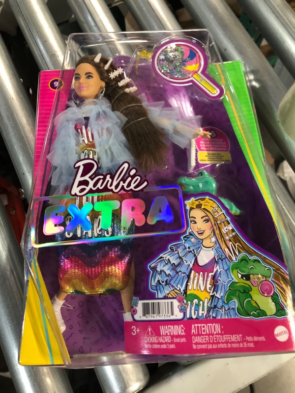 Photo 2 of Barbie Extra Doll #9 in Blue Ruffled Jacket with Pet Crocodile, Long Brunette Hair with Bling Hair 