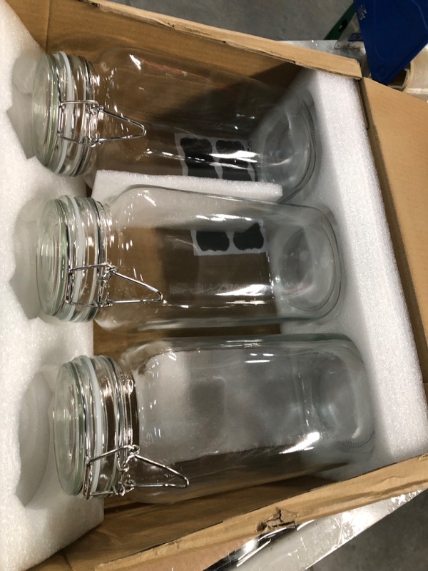 Photo 1 of Vtopmart 78oz Glass Food Storage Jars with Airtight Clamp Lids, 3 Pack Large Kitchen Canisters for Flour, Cereal, Coffee, Pasta and Canning, Square Mason Jars with 8 Chalkboard Labels