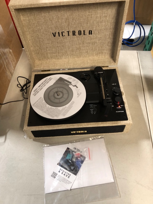 Photo 3 of Victrola Parker Bluetooth Suitcase Record Player with 3-Speed Turntable, Light Beige (VSC-580BT-LBB) 13.9 x 5 x 10.1 inches