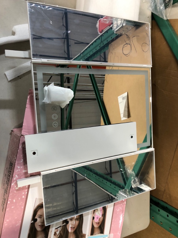 Photo 1 of **MISSING CABLE** 
Hansong Large Trifold Vanity Mirror with Lights White Lighted Makeup Mirror with Lights Strips 12x16 Inches