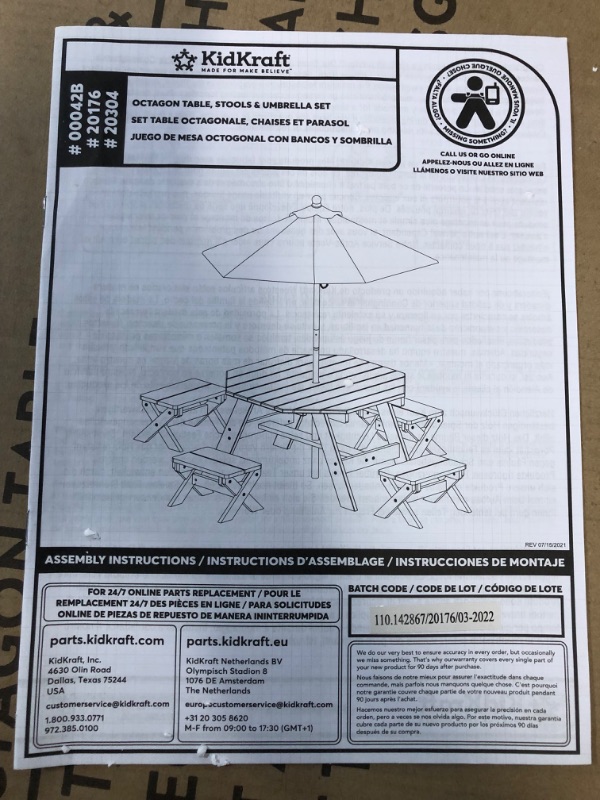 Photo 4 of **LOOSE HARDWARE** 
KidKraft Wooden Octagon Table, Stools & Umbrella Set, Kids’ Outdoor Furniture, Barnwood Gray & Navy