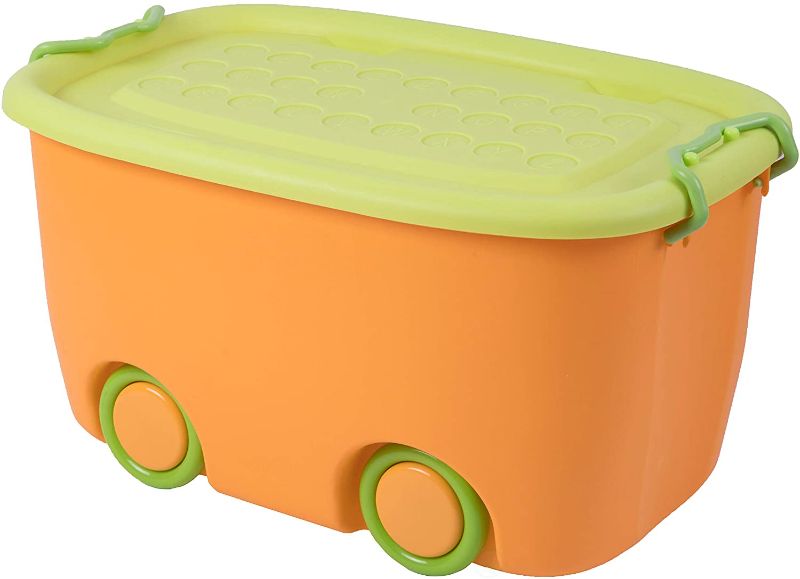 Photo 1 of Basicwise QI003221 Stackable Toy Storage Box with Wheels, Green Yellow 