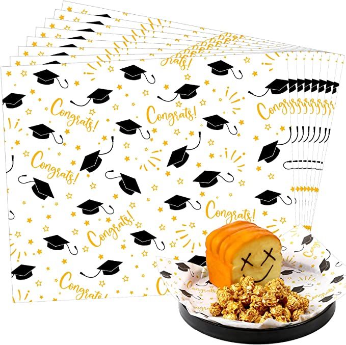 Photo 1 of 150 Pcs Graduation Wax Paper for Food 8.3 x 9.8 Inch 2022 Congrats Grad Deli Wax Paper Sheet Greaseproof Waterproof Sandwich Candy Wrap Basket Liner Food Bakery Wrapping Tissue for Graduation Party
