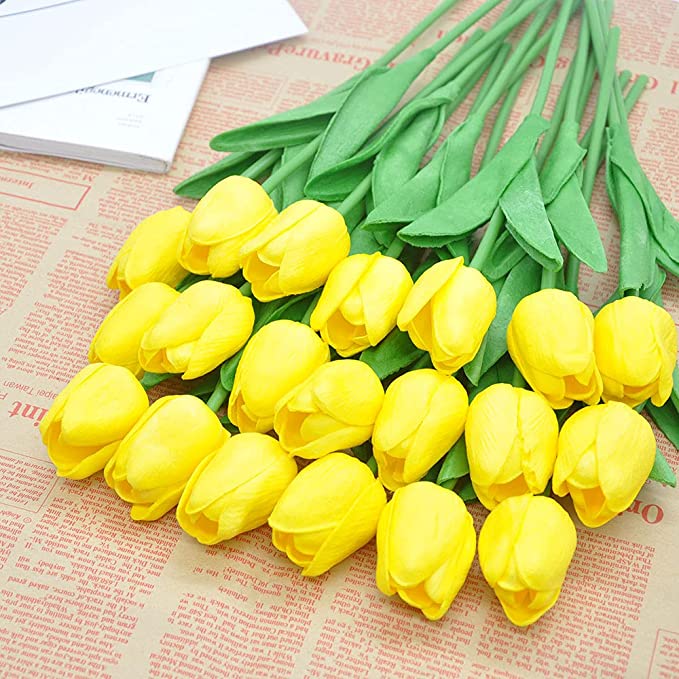 Photo 1 of 20pcs Artificial Tulips PU Touch Single Stem Fake Flower Bouquet Arrangement for Home Party Wedding Decoration (Yellow)
