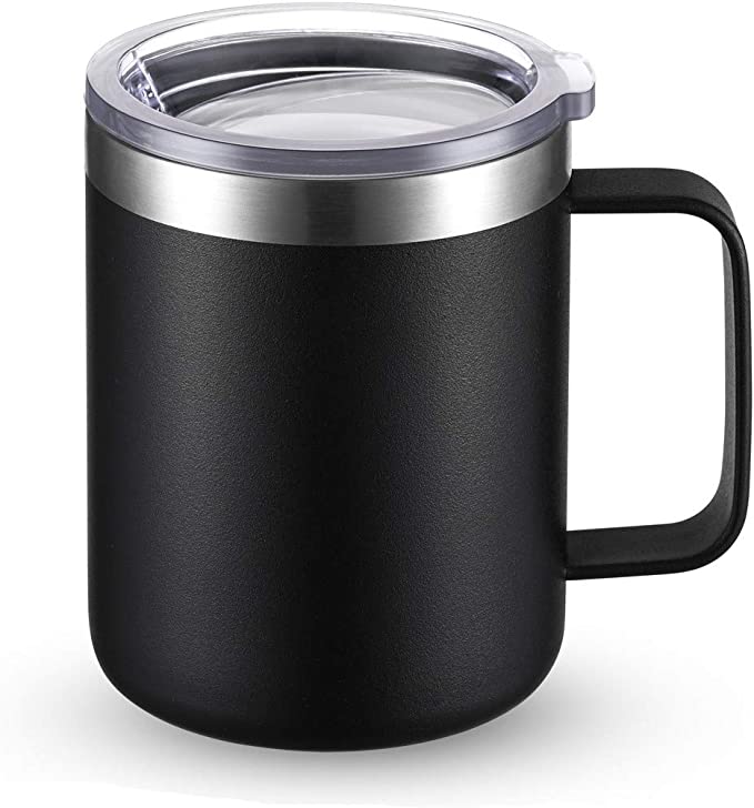 Photo 1 of 12oz Stainless Steel Coffee Mug Cup with Lid and Handle, Double Wall Vacuum Insulated Coffee Tumbler, Reusable and Durable Travel Coffee Cup Thermal Cup, Powder Coated (Black, 1 Pack)