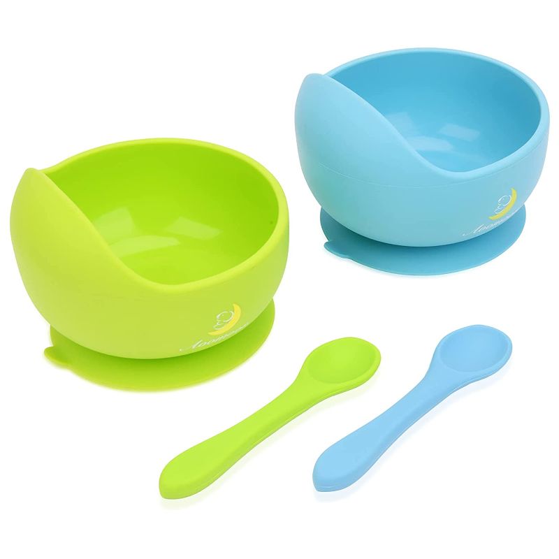 Photo 1 of Baby Bowl and Spoon Set 2 Piece Pack, Silicone Toddlers Bowls Feeding Set Includes Training Suction Bowls and Spoon, Dishwasher Safe
