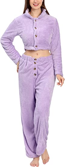 Photo 1 of Womens 2 Piece Fuzzy Fleece Outfits Pajamas, Winter Warm Sherpa Sleepwear Button Down Crop Top and Pants Lounge Set
xl