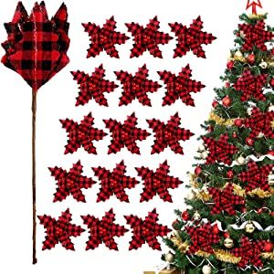 Photo 1 of 16 Pieces Buffalo Plaid Poinsettias Picks Christmas Tree Ornaments Artificial Christmas Flowers Glitter Poinsettia Flowers for Xmas Tree Wreaths Garland Holiday Decorations (Delicate Style)
