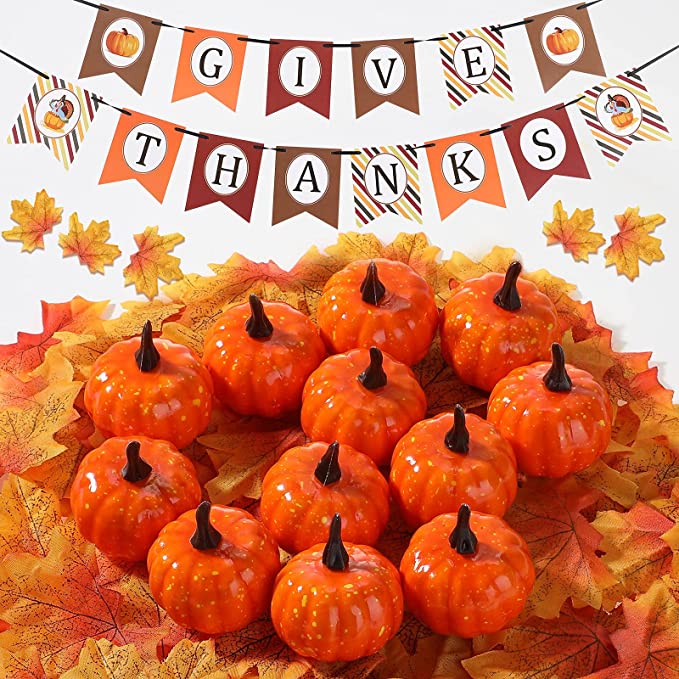 Photo 1 of 12 Pieces Small Artificial Lifelike Pumpkin Fall Harvest Mini Pumpkins, 200 Pieces Artificial Autumn Maple Leaves Mixed Fall Colored Leaf, Thanksgiving Banner for Fall Harvest Thanksgiving Decorations
