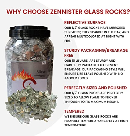 Photo 1 of Z Zennister Fire Pit Glass Rocks,  High Luster, 1/2" Reflective Tempered Fire Glass in Silver, 10 Pound Jar  for Natural or Propane Fireplace, Crushed Glass Stones for Firepit, Garden or Patio
