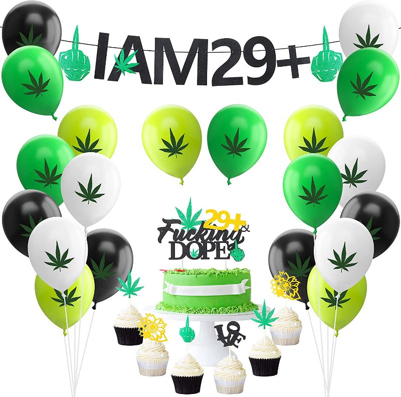 Photo 1 of 29+Weed Birthday Party Decorations Weed Party Supplies Pot Weed Leaves Birthday Party Garland Black?Green and grey Balloon Garland Arch Kit for Women Men Adults 29th Birthday Party Decorations
