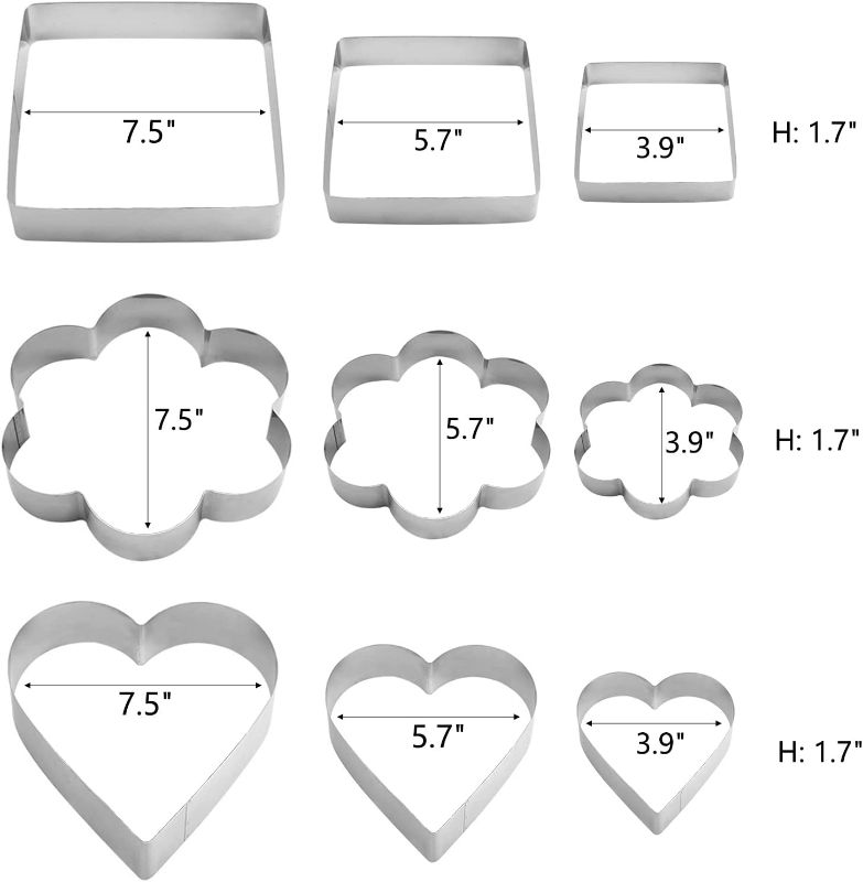 Photo 1 of ZEAYEA 9 Pieces Cake Mold Ring, Stainless Steel Mousse Molds in 3 Shape, Flower Heart Square Cake Mold for Baking, Christmas, Wedding, Anniversary, Large, Medium and Small Size

