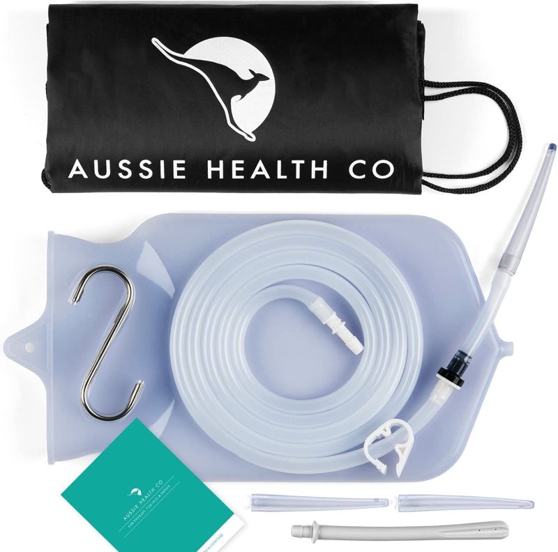 Photo 1 of Aussie Health Co Non-Toxic Silicone Enema Bag Kit - 2 Quart Capacity for Water & Coffee Colon Cleansing - BPA & Phthalates Free - 6.5 Foot Hose, 3 Tips, Strong Clamp, Bonus Nozzle & Instruction Guide
