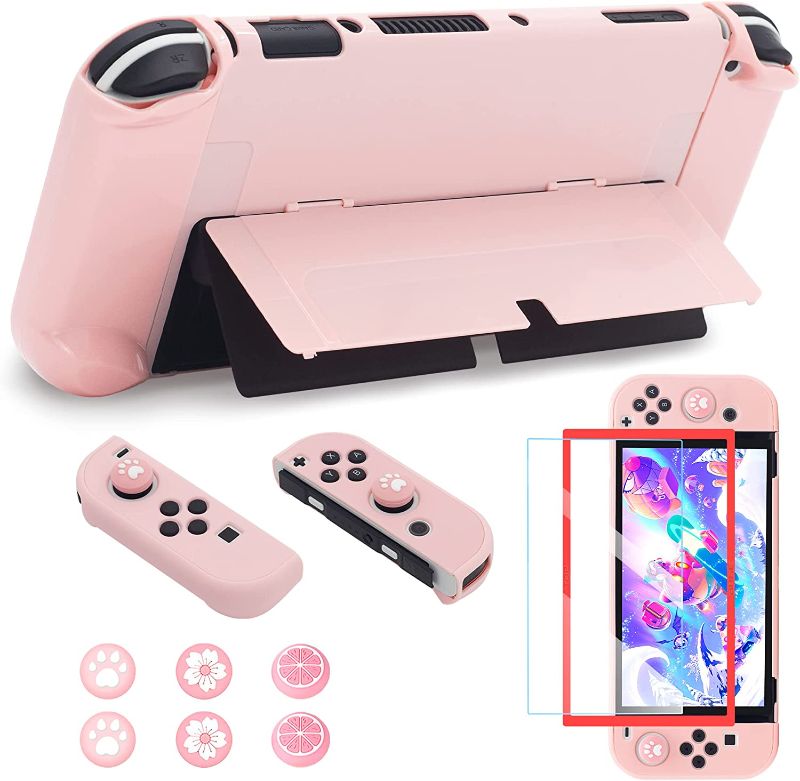 Photo 2 of BRHE Cute Dockable Case Compatible with Nintendo Switch OLED 2021 [New Upgrade] Protective Grip Skin Cover with Tempered Glass Screen Protector and Thumb Stick Caps (Pink)
