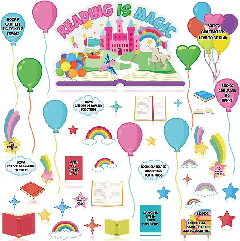 Photo 1 of 48 Pcs Reading Bulletin Board Set Library Posters Classroom Decoration Reading is Magical Bulletin Board Motivational Posters Balloons Books Stars Rainbow Cutouts for Homeschool Wall Decor---2 PACK
