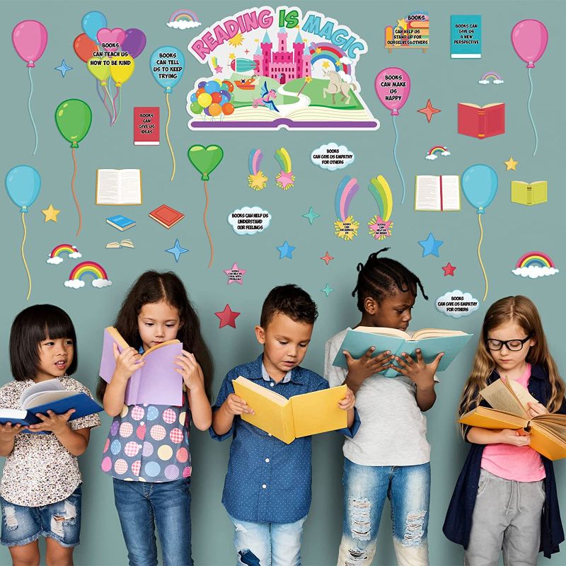 Photo 2 of 48 Pcs Reading Bulletin Board Set Library Posters Classroom Decoration Reading is Magical Bulletin Board Motivational Posters Balloons Books Stars Rainbow Cutouts for Homeschool Wall Decor---2 PACK

