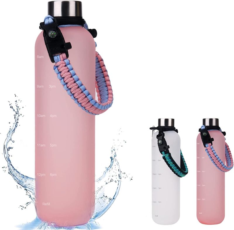 Photo 1 of Wongeto Sports Water Bottle with Parachute Handle to Ensure You Drink Enough Water Daily for Fitness, Gym, Office, School, Camping and Outdoor Sports (Pink Blue Pink)
