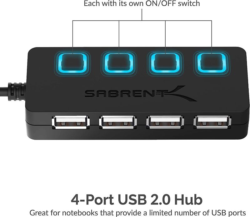 Photo 2 of SABRENT 4-Port USB 2.0 Data Hub with Individual LED lit Power Switches [Charging NOT Supported] for Mac & PC (HB-UMLS)
