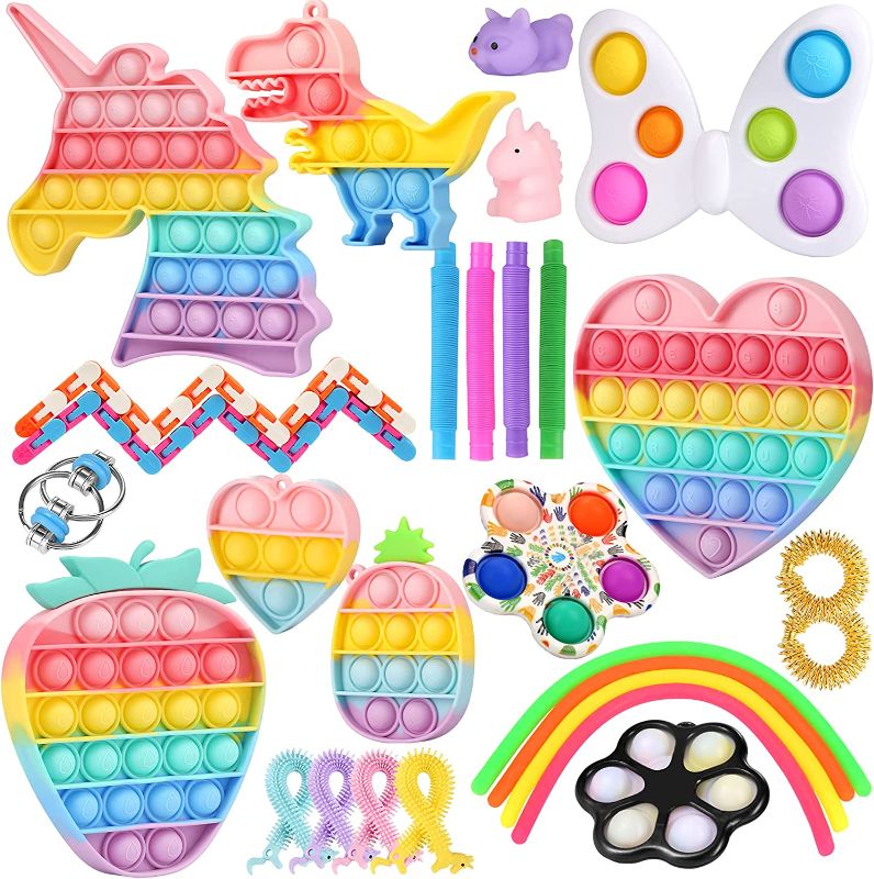 Photo 1 of 32 Piece Fidget Toy Set Fidgets Pop Rainbow Unicorn Push Bubble Sensory Fidget Toy for Anxiety and Stress Relief Autism Learning Materials Toy for Kids Teens Office Older
