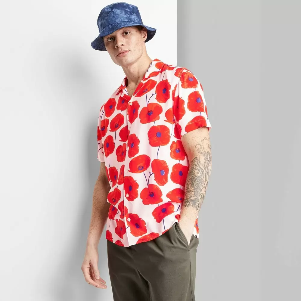 Photo 1 of Adult Floral Print Short Sleeve Button-Down Shirt - Original Use White/Floral, SIZE L