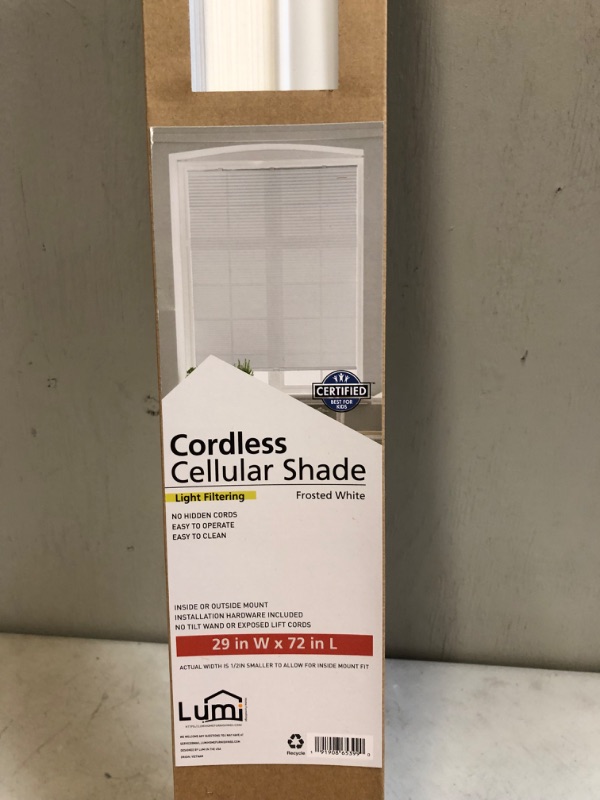 Photo 2 of 1pc 29"x72" Light Filtering Cordless Cellular Window Shade White - Lumi Home Fur---factory sealed