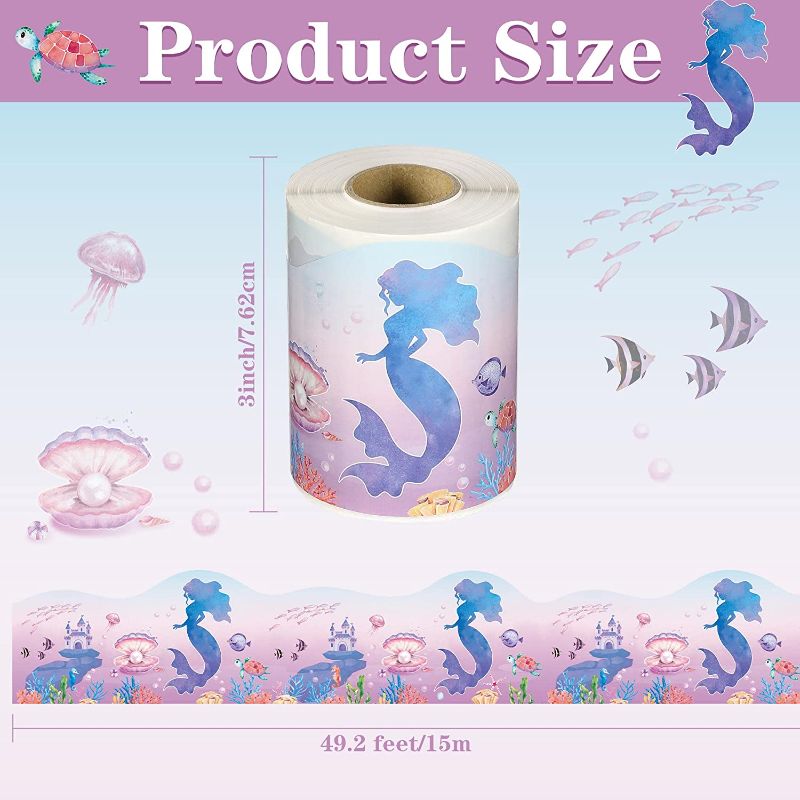 Photo 2 of 2  ROLLS 49.2 FT Ocean World Bulletin Board Borders Self Adhesive Mermaid Classroom Decorations Borders Sticker Under The Sea Mermaid Die Cut Bulletin Board Trim for Back to School Classroom Teachers Decor
