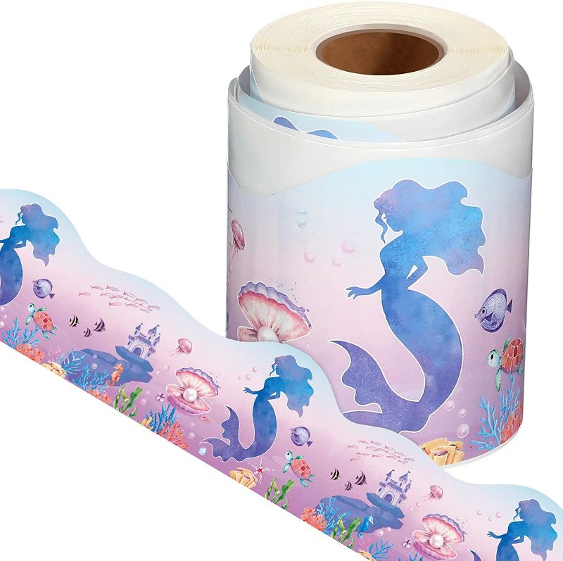 Photo 1 of 2  ROLLS 49.2 FT Ocean World Bulletin Board Borders Self Adhesive Mermaid Classroom Decorations Borders Sticker Under The Sea Mermaid Die Cut Bulletin Board Trim for Back to School Classroom Teachers Decor
