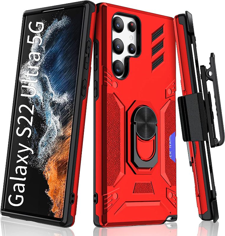 Photo 1 of Fanbiya Shockproof Case for Galaxy S22 Ultra with Belt Clip, Heavy Duty Holster Rugged Case with Built in Metal Kickstand, 360° Rotatable Belt Clip Military Grade Protection Cover, Red
