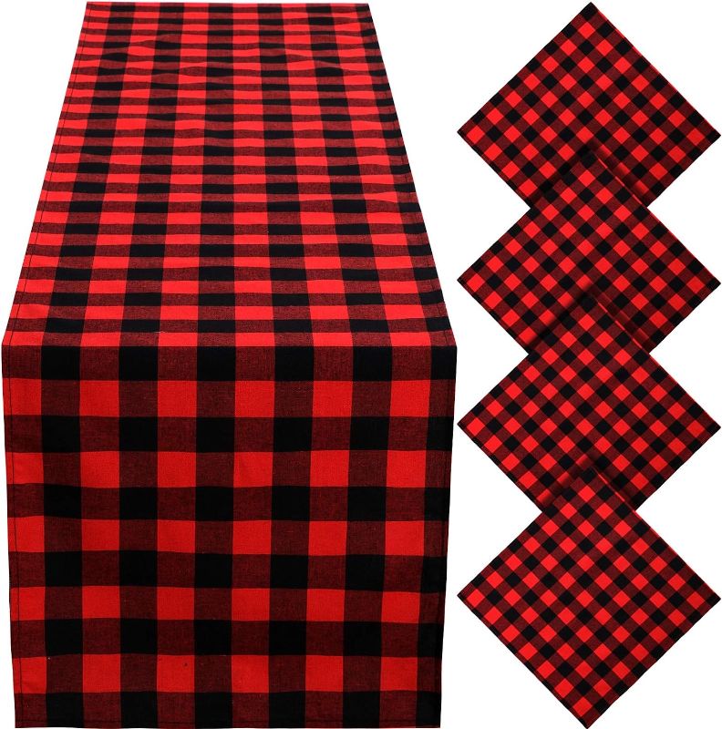 Photo 1 of 14 x 108 Inch Poly-Cotton Table Runners Buffalo Plaid Table Runners and 4 Pieces 18 x 18 Inch Washable Plaid Table Napkins Plaid Dinner Napkins for Christmas Thanksgiving Party (Red and Black Plaid)
