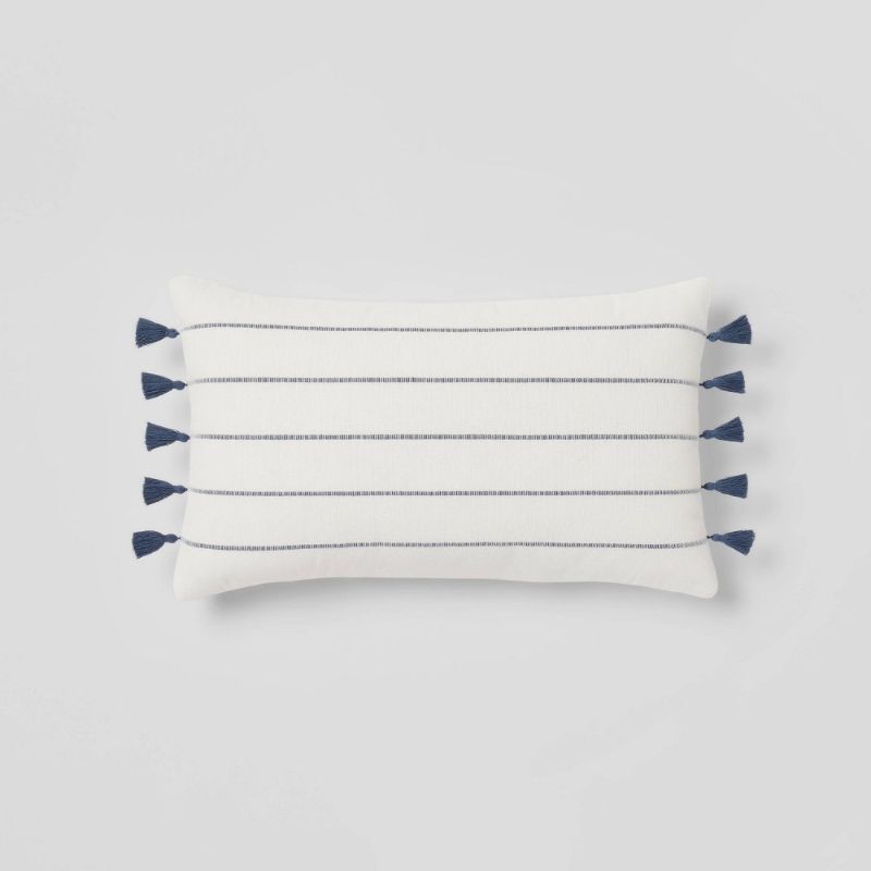 Photo 1 of Woven Striped Lumbar Throw Pillow Ivory/Navy - Threshold