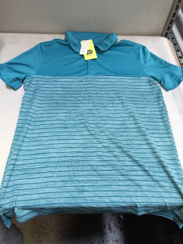 Photo 1 of BOYS STRIPED GOLF POLO SHIRT - ALL IN MOTION COLOR TEAL BLUE SIZE M 8/10