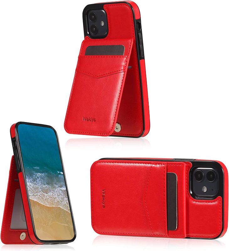 Photo 1 of Wakiya for Card Holder iPhone 13, Compatible with Apple 13 Wallet case, Faux Leather Kickstand Card Slots Case, RFID Blocking Magnetic Shockproof Protective Slim Soft Flip Phone Case/Cover 6.1” (Red)
