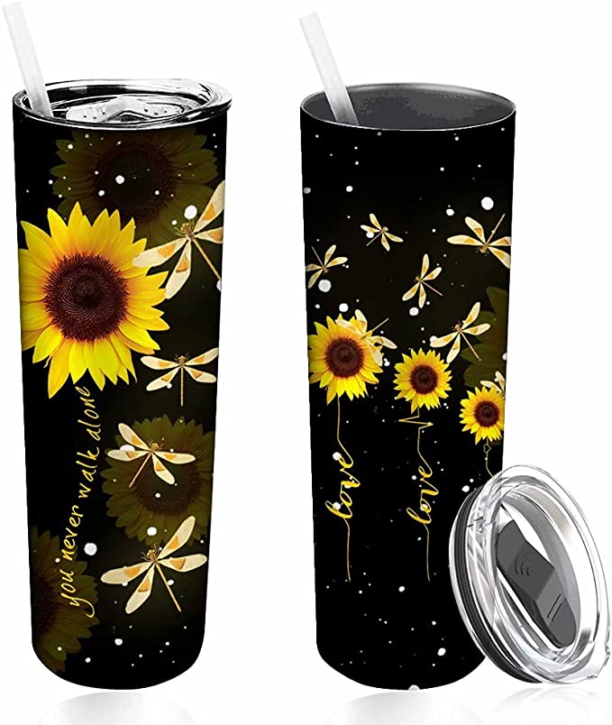 Photo 1 of 20oz Dragonfly Skinny Tumbler Cup Vacuum Insulated Travel Mug Sunflower Straight Coffee Cups, You Are My Sunshine Double Wall Thermal Water Bottle for Girl Mom
