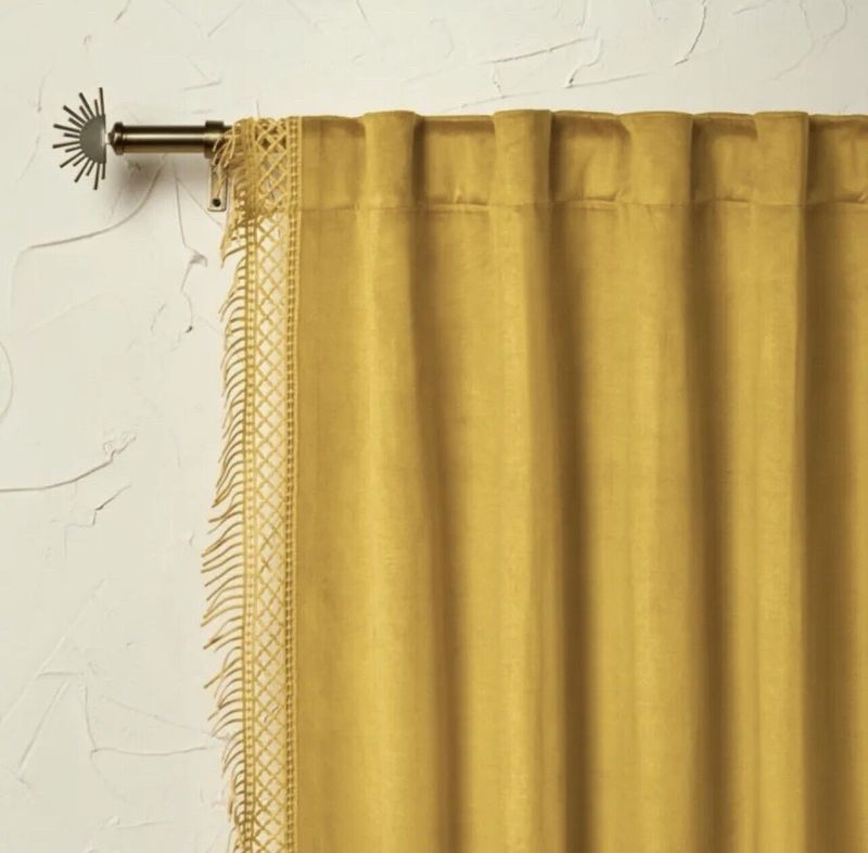 Photo 1 of 1pc Light Filtering Gold Velvet Macrame Trim Window Curtain Panel - Opalhouse™ designed with Jungalow™
63in x 54in