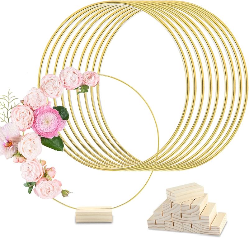 Photo 1 of 10Pcs 14 Inch Metal Floral Hoop Centerpiece Table Decorations, Gold Wreath Macrame Hoop Rings with 10Pcs Place Card Holders for Craft Wedding Table Decor Christmas Decoration (14 Inch Rectangle Set)
