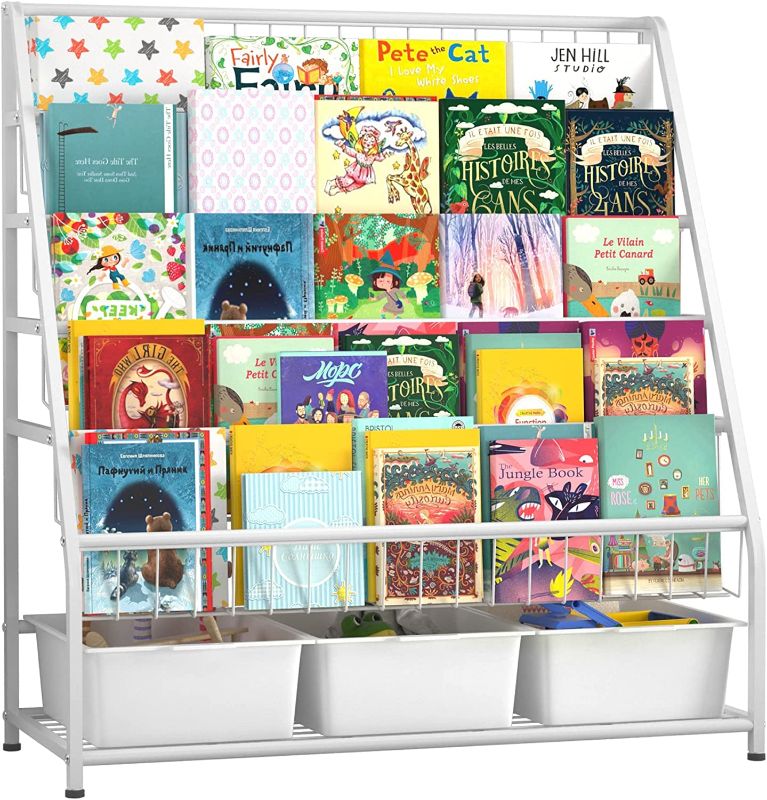 Photo 1 of Kids Bookcases with Storage Bins, 6-Tier Metal Bookshelves Rack on Display with Storage Boxes Organizer in Study Room Playrooms Bedroom for Preschooler Children (6-tier/37.01inch ,White )
