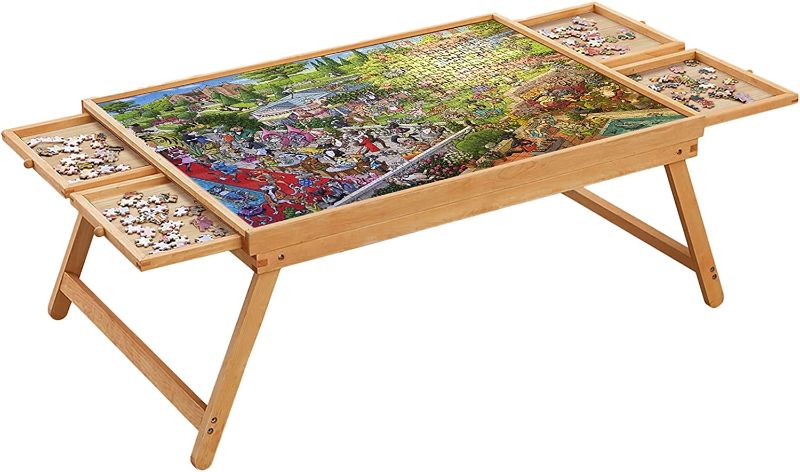 Photo 3 of 1500PCS Folding Puzzle Table, Puzzle Board with Foldable Legs and 4 Drawers & Cover, 34" x 26" Wooden Puzzle Table for Bed, Puzzle Tables for Adults, Portable Folding Puzzle Tray
