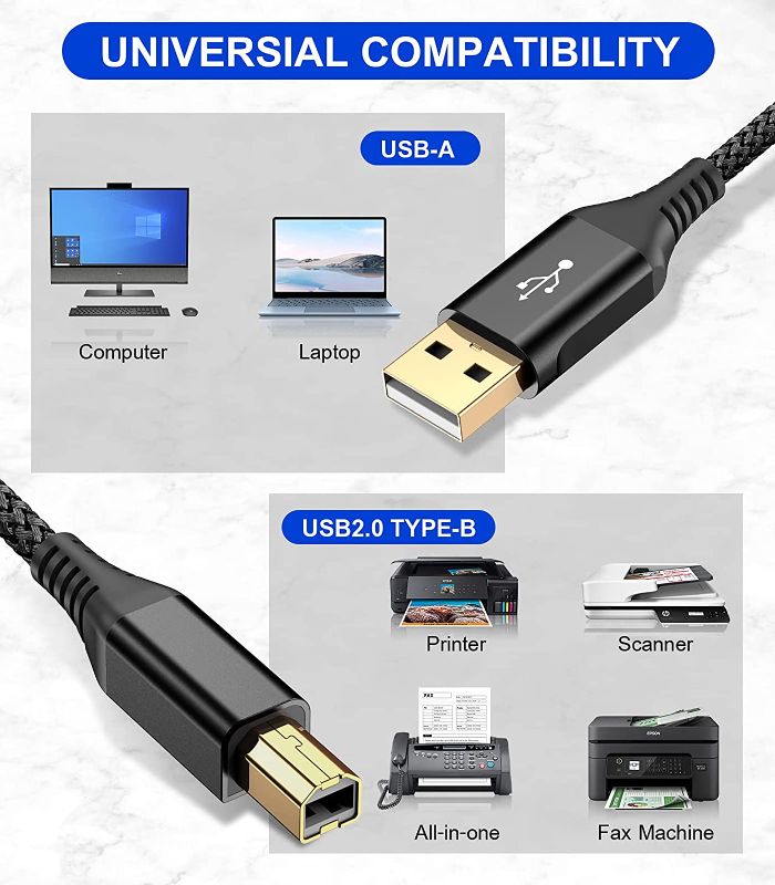 Photo 1 of  Printer Cable 10ft, USB 2.0 Printer Cable USB-A to USB-B Cable, High Speed Nylon Braided Scanner Printer Cord for HP Canon Dell Epson Brother Lexmark Xerox Samsung Piano DAC & More-Black
