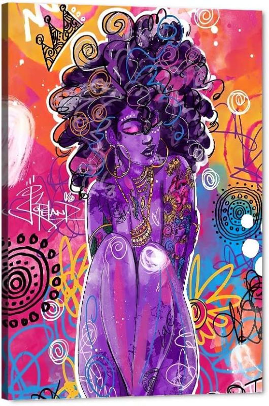 Photo 1 of African American Sexy Girl Queen Egyptian Crown Wall Painting, Colorful Afro Body Art Canvas Print Artwork, Modern Women Abstract Graffiti Art Canvas Painting for Living Room Decoration (12" Wx18 H)
