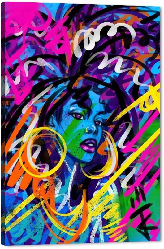 Photo 1 of African American Sexy Girl Queen Canvas Wall Art, Colorful Watercolor Afro Art Canvas Print Artwork, Modern Women Abstract Graffiti Art Canvas Painting for Living Room, Bedroom Decoration (12"Wx18"H)
