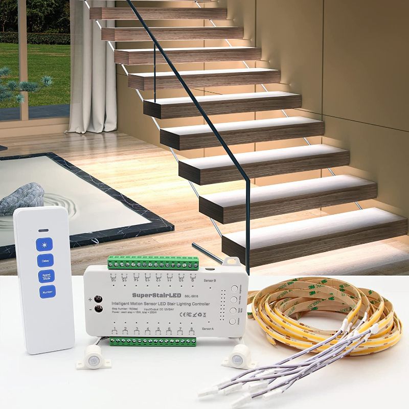 Photo 1 of SuperStairLED Intelligent Motion Sensor LED Stair Lighting Complete Set SSL-5616, 40 Inches Long Cuttable LED Strip Light for Indoor LED Stair Lights LED Step Lights (Cool White 6000K, 16 Stairs)
