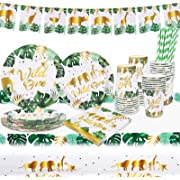 Photo 1 of Antsparty Wild One Birthday Plates and Cups Napkins for 16 Guests, Safari Birthday Plates Napkins Cups Tablecloth Banner for Baby 1st Birthday Decorations
