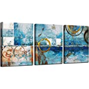 Photo 1 of Ardemy Abstract Wall Art Geometric Circles Blue Teal Painting Modern Blocks Artwork Framed Pictures 12"x16"x 3 Panels for Bathroom Living Room Bedroom Home Office Wall Decor, Original Design
