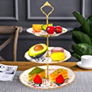 Photo 1 of 3-Tier Round Porcelain Cupcake Dessert Stand, Cake Snack Scones Crackers Fruits Appetizers Pastry Tiered Platters Serving Tray for Tea Party, Bridal Shower, Baby Shower, Wedding Catered Event - Gold (FACTORY SEALED)

